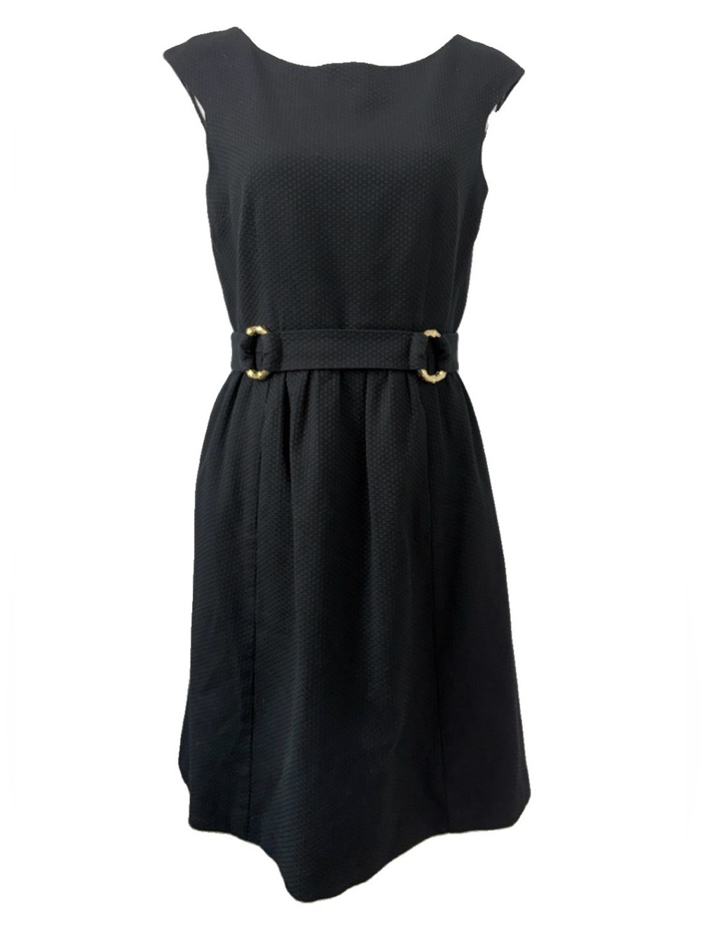 DAVID MEISTER LBD Black Cotton Pique Boatneck Cap Sleeve Dress Gold Bamboo Sz 6